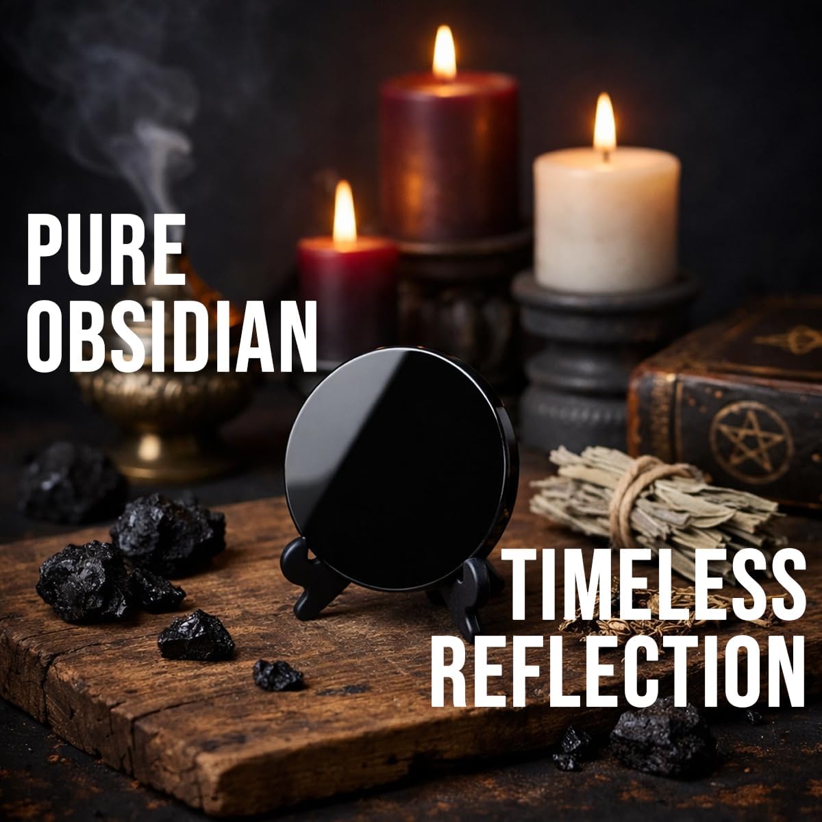 Black Obsidian Scrying Mirror 3.94 in with Wooden Stand