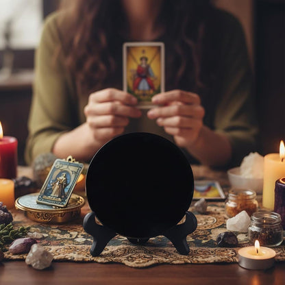 Black Obsidian Scrying Mirror 3.94 in with Wooden Stand