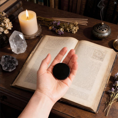 Black Obsidian Scrying Mirror 3.94 in with Wooden Stand