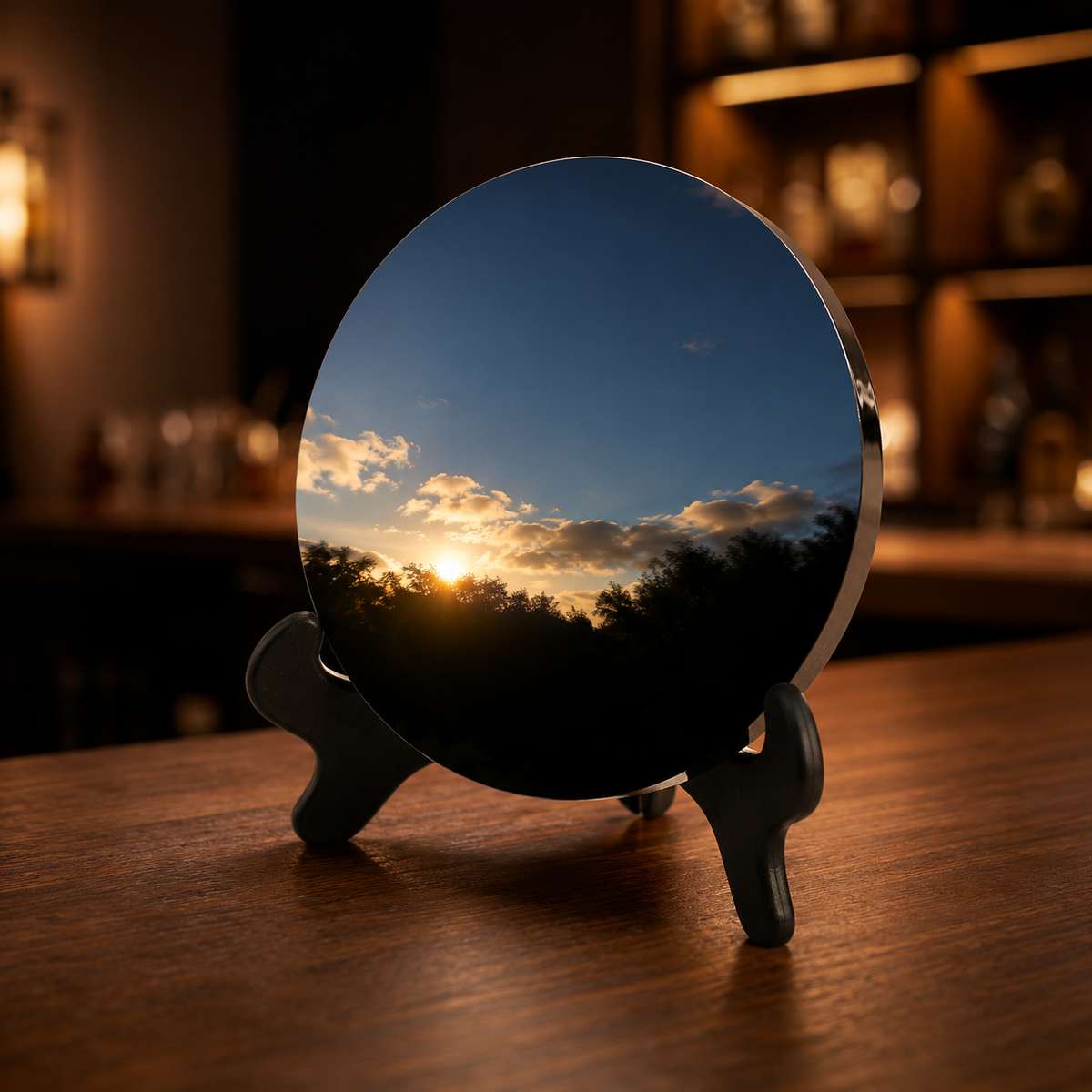 Black Obsidian Scrying Mirror 3.94 in with Wooden Stand